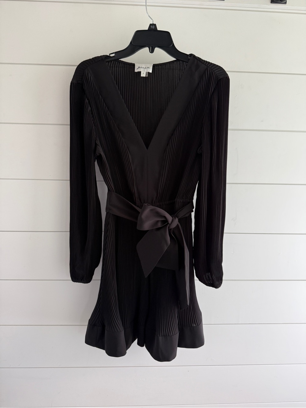 Milly Black Long-Sleeve Pleated V-Neck Dress with Tie Waist